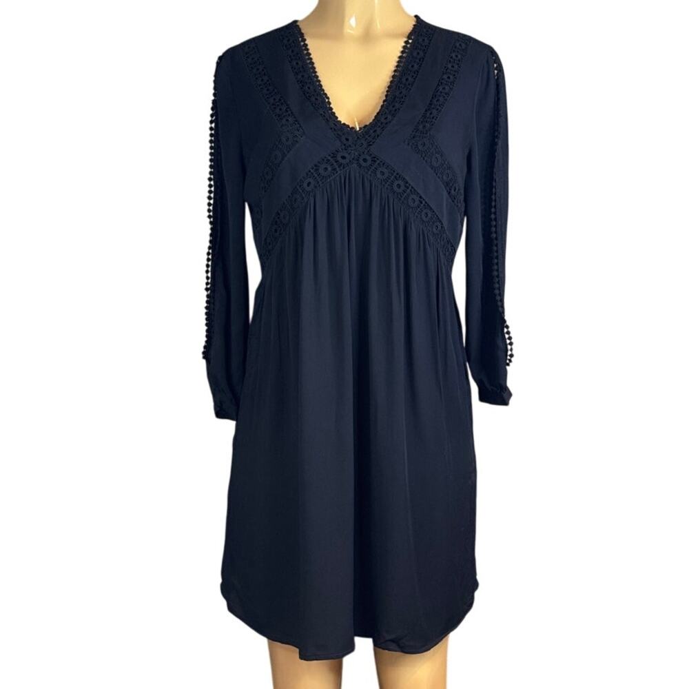 Gianni Bini Solid Black Long Split Sleeve Mini Dress Embroidered Size Small